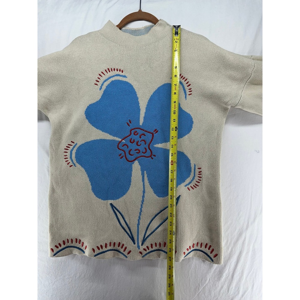 ASOS DESIGN Cream Blue Flower Intarsia Cotton Knit Sweater Small Oversized Mock - Picture 6 of 9